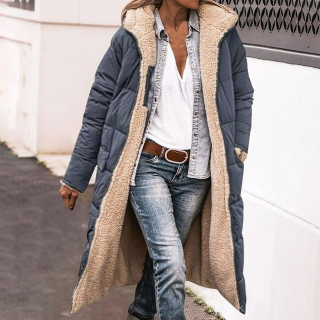 DPTALR Manteau Long en Coton Réversible pour Femmes, d'Hiver, Décontracté, Ample, à Poches Colorées, à Fermeture Éclair