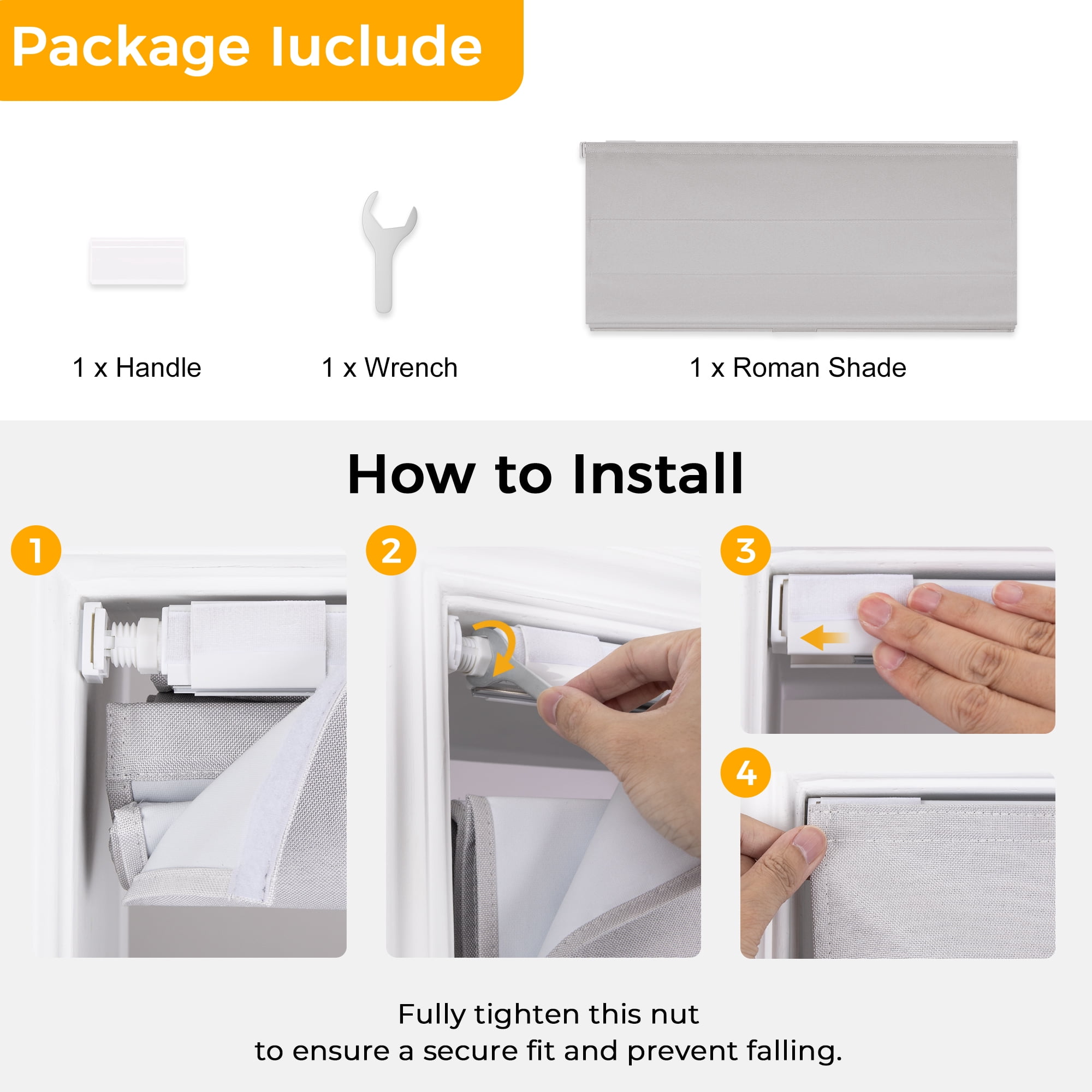 No Drill No Tools Cordless Roman Shades for Window,Room Darkening Easy Install Linen Fabric Blackout Roll Up Roman Blinds Window Blinds Inside Mount 23" W x 60" H Grayish White