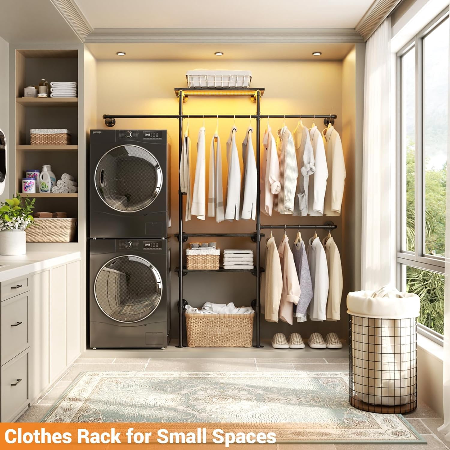 Homieasy Industrial Pipe Clothing Rack, Reversible 7.25FT Wall Mounted Clothes Rack, Heavy Duty Garment Racks Closet Wardrobe with LED Lights& Shelves, Walk-in Closet System, Black Oak