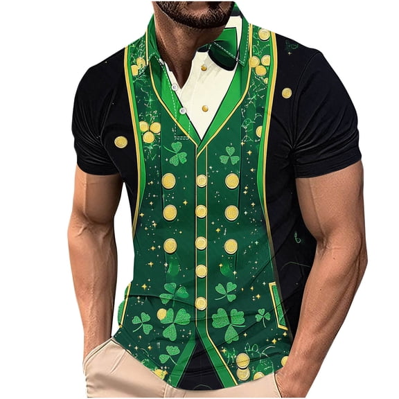 biudgviw Golf Shirts for Men St Patrick's Day Print Short Sleeve Tops Moisture Wicking Button Lapel Workout Summer Tees