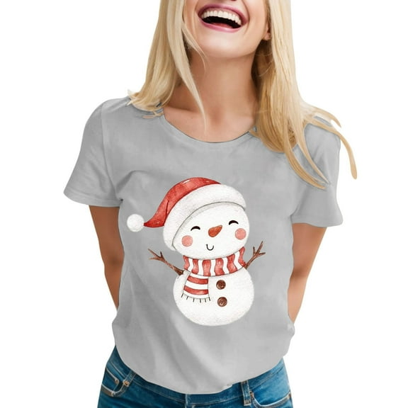 Graphic Shirt For Women Christmas Casual Fashionable Snowman Print Short Sleeve Round Neck Festive Tees Tops