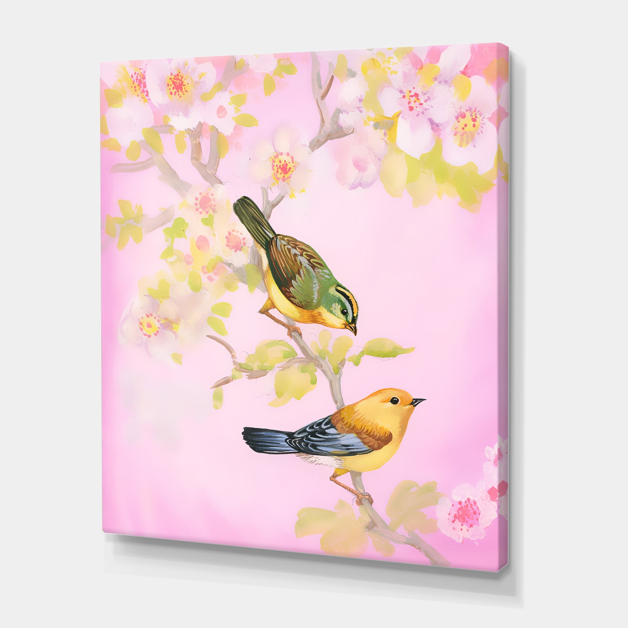 Beautiful Bright Birds Sitting On Branch 12 in x 8 in Painting Canvas Art Print, by Designart
