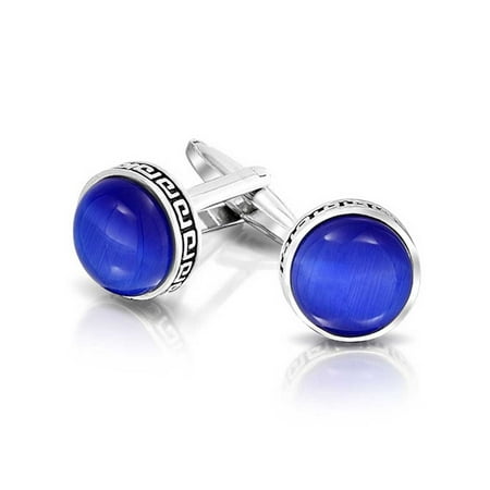 Greek Key Rim - Greek Key Edge Royal Blue Glass Round Dome Shirt Cufflinks For Men Hinge Back Silver Tone Brass Steel