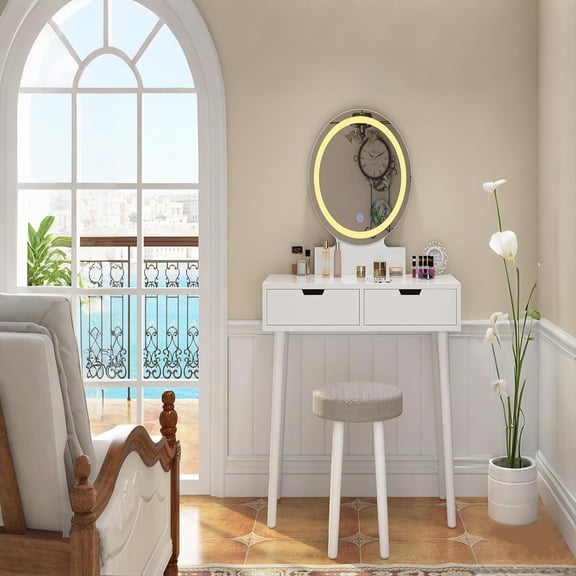 Vanity Desk with Touch Light Mirror, Makeup Table with Stool, Storage Drawers, Compact Dressing Table for Bedroom,White