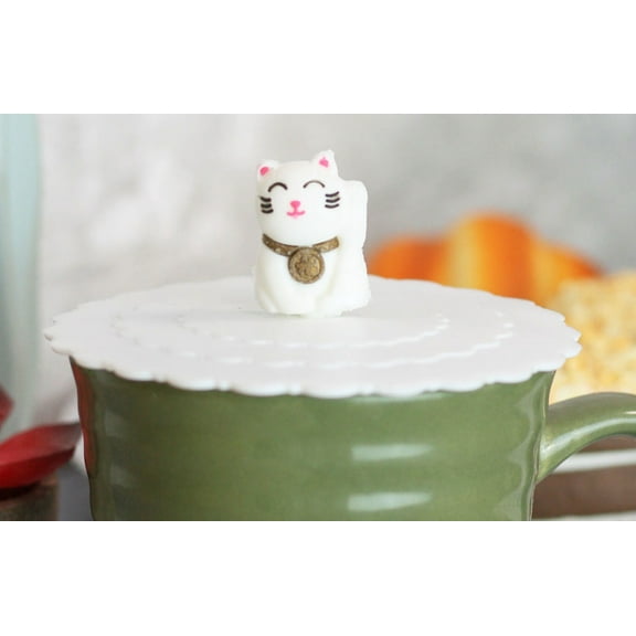 Set Of 4 White Maneki Neko Cat Reusable Silicone Coffee Tea Mug Cup Cover Lids