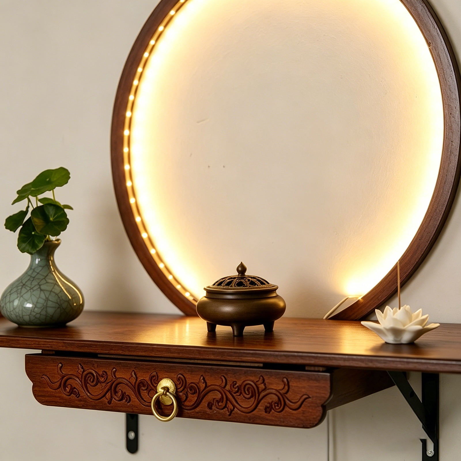 Wall-Mounted Buddha Statue Stand with LED Light Household Small Buddhist Shrine Altar Table with Retractable Pull Plate Bamboo Prayer Offering Table