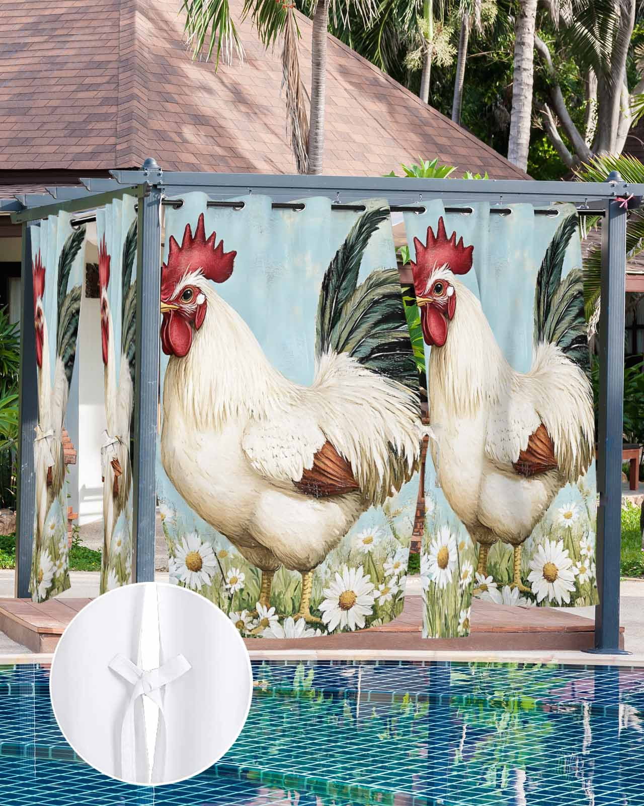 nqOlkjepod Outdoor Curtains for Patio Waterproof, White Spring Floral Rooster Outdoor Privacy Panels Grommet, Vintage Rooster Pastoral Blackout Outside Curtains for Porch/Cabana 54"x84", 1 Panel