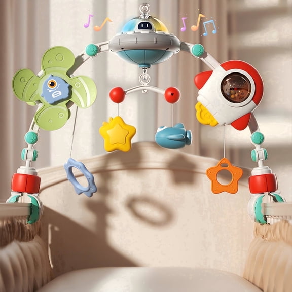 Ajdoll Musical Stroller Crib Mobile Arch Toy with Rotating Figures and Soft Light, Travel Activity Toy