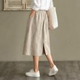 thumbnail image 4 of Women's Cotton Linen Midi Skirts Elastic Waist Front Button Solid Color A-Line Skirts Loose Causal Going Out Skirts with Pockets, 2XL, 4 of 6