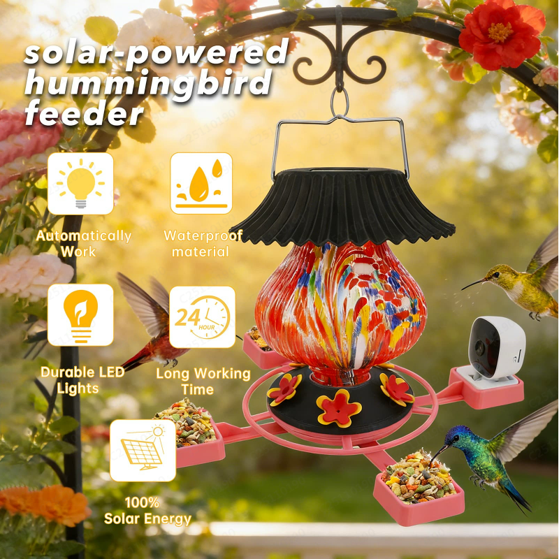 Hummingbird Feeder with Camera Solar Powered 1080P-, Automatically Identifies Species of Bird, Auto Recording, Leak-Proof Ant & Bee Proof Outdoor Hanging Feeder, for Bird Lovers