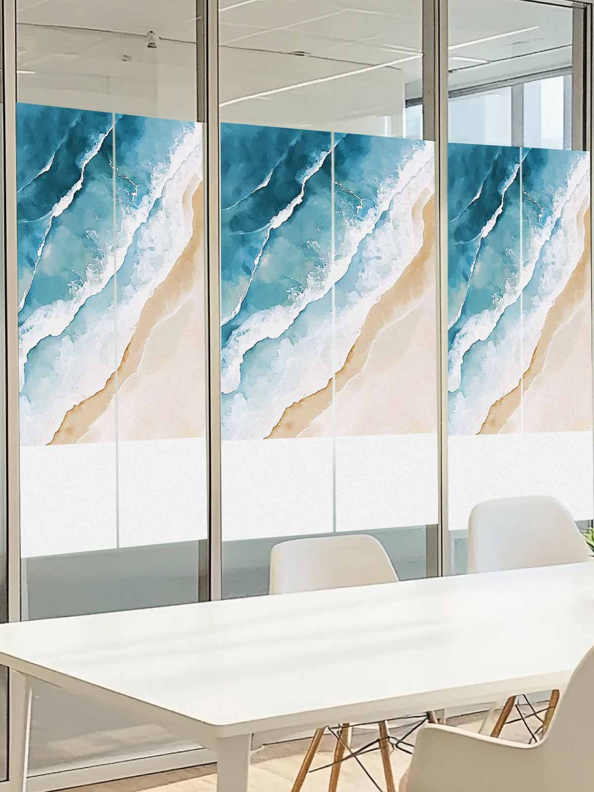 Beach Ocean Waves Window Privacy Film, Blue Watercolor Painting Frosted Glass Window Clings Static Cling UV Heat Blocking Reusable Door Sticker for Bathroom 23.6 x 59 Inch