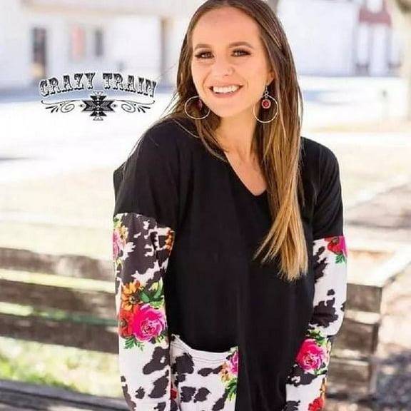 Crazy Train Cow Leopard Rose Shirt Long Sleeve Top Clothing FLower Floral Black