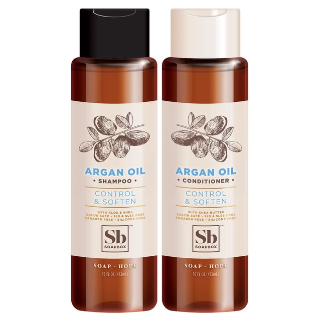 Soapbox Argan Champú y Acondicionador Set Voluminizador Vegano Color Sin Sulfato y Silicona 16oz cada uno (Paquete de 2)