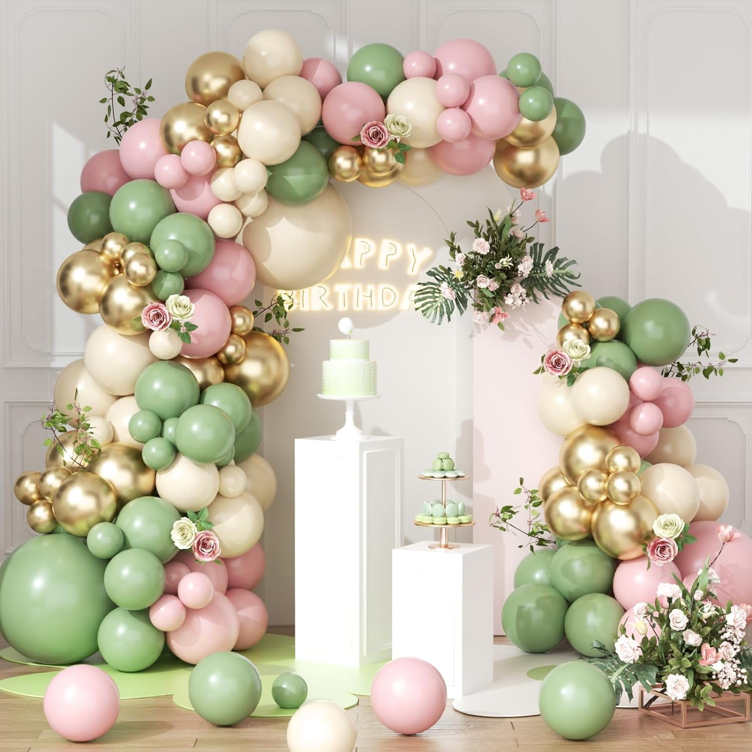 Sage Green Pink Balloon Garland Arch Kit 143pcs White Sand Chrome Gold and Pastel Balloons Garland for Girls Baby in Bloom Baby Shower Mothers Day Jungle Safari  Birthday Party Decorations