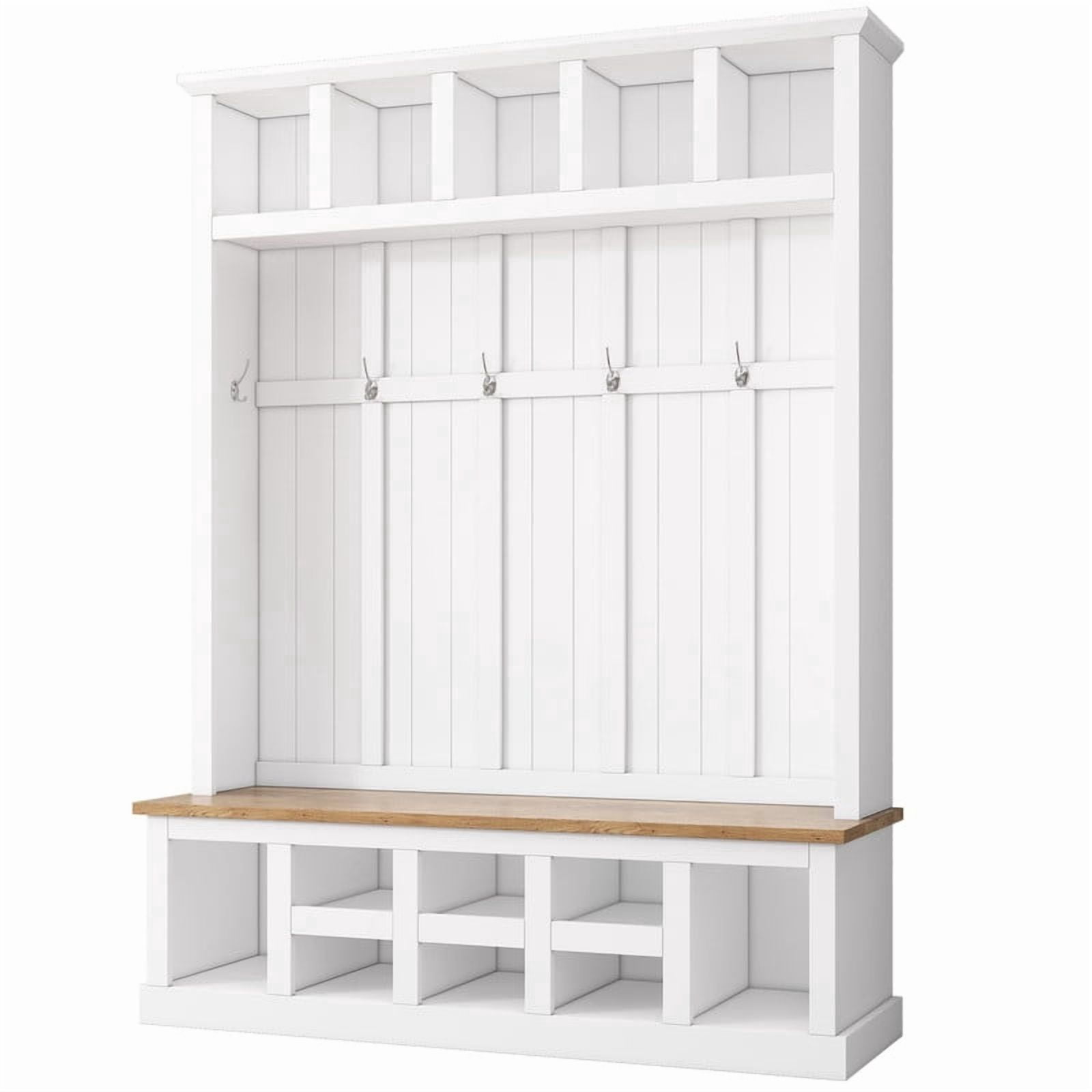 Farmhouse Hall Tree with Shoe Storage Bench and 13 Compartments, Entryway Coat Rack with 6 Hooks, Elegant Shoe Cabinet for Mudroom, Living room