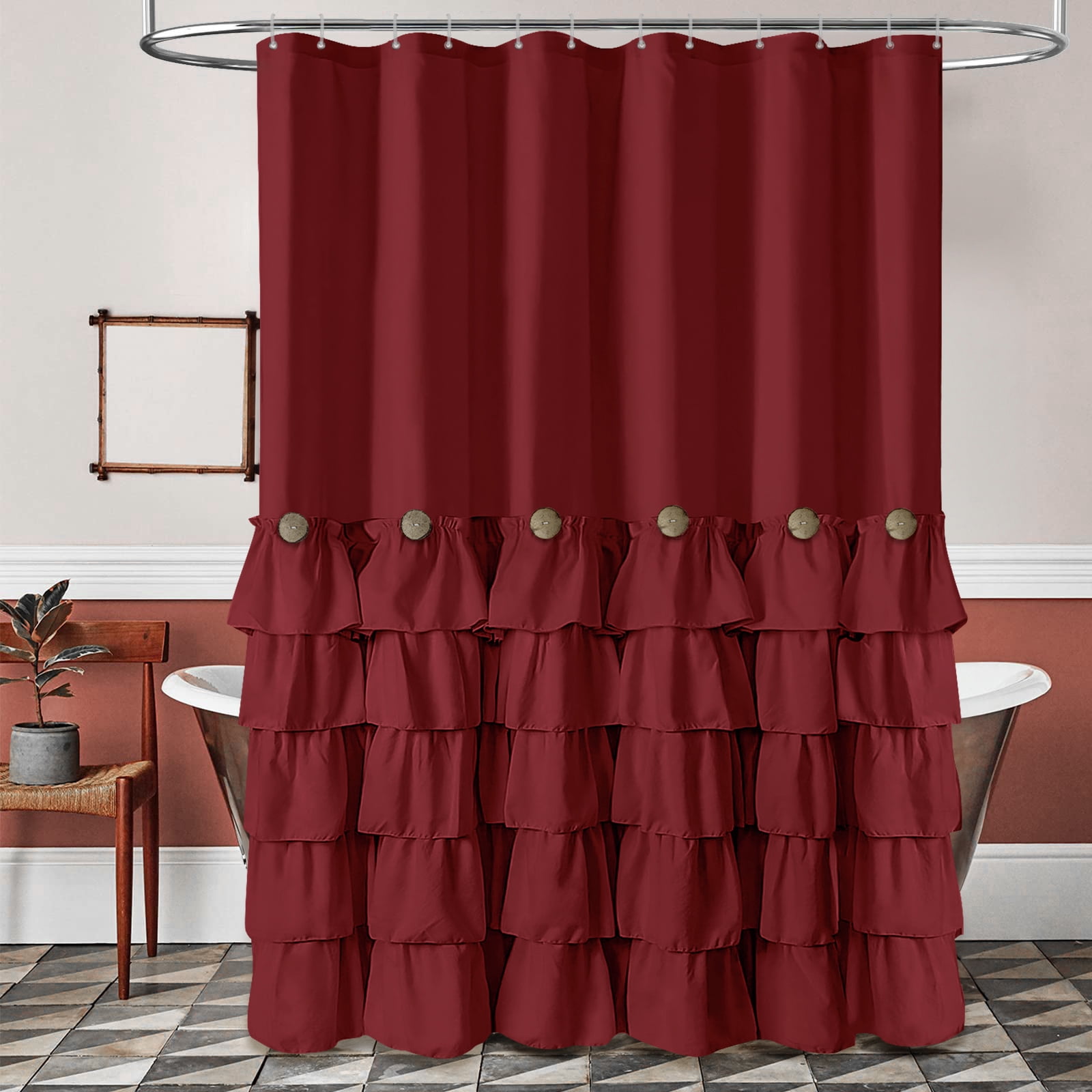 Lipa Farmhouse Ruffle Shower Curtain,Shabby Chic Shower Curtain with 12 Hooks,Burgundy,72" x 72"