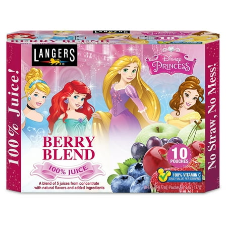 Langers Disney Princesses 100% Juice Pouches, Berry Blend, 6.75 Fl Oz, 10 Count