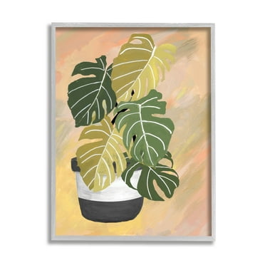 Stupell Industries Unique Leaf Plant Tropical Monstera Over Abstract Botanical & Floral Painting Gray Framed Art Print Wall Art, 11 x 14