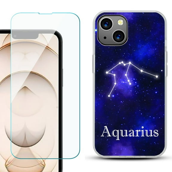 Slim-Fit Flexible TPU Gel Phone Case for iPhone 13, with Tempered Glass Screen Protector, by OneToughShield ® - Zodiac / Aquarius