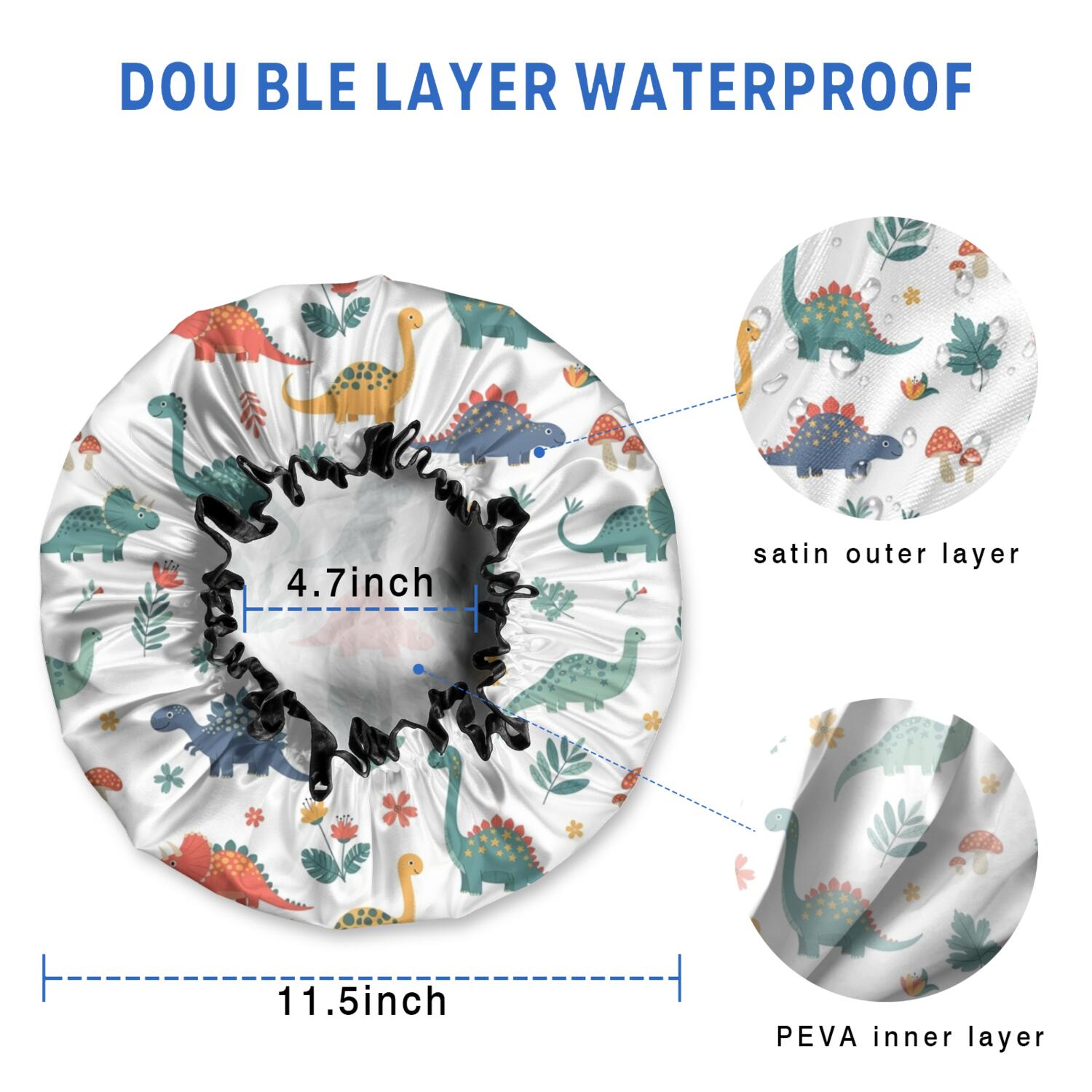 Shower Caps,White Dinosaurs Plants Mushrooms Pattern Waterproof Shower Cap for Women 4 Pieces,Double Reusable Hair Cover for Shower PEVA Elastic Stretch Hem