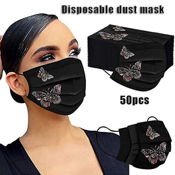 Paquete de 50 mascarillas con estampado de mariposas para adultos, mascarilla desechable de 3 capas para protección facial completa, A