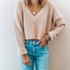 thumbnail image 5 of Jersey de punto con cuello en V para mujer, manga larga, color puro, transpirable, corto, suelto, para otoño e invierno, color albaricoque L, 5 of 6