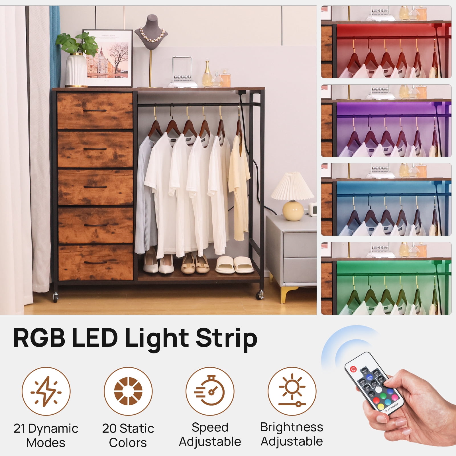 Walsport Dresser for Bedroom with Clothes Rack, 5 Drawers Dresser with Charging Station & LED Lights,Storage Chest of Drawers with Wheels, Wooden Top, Lockable Wheels, Bedroom, Closet(Brown)