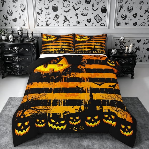 Erosebridal Retro Halloween Full Size Comforter Sets 3-Piece,Vintage Spooky Bedding Comforter Set,Striped Orange,Reversible,1 Comforter and 2 Pillowcases