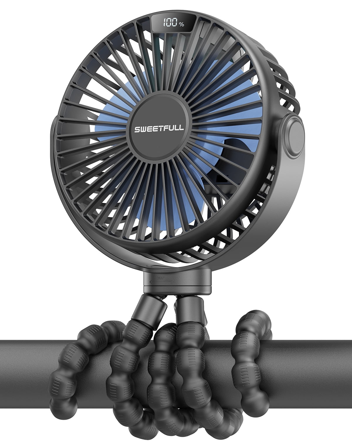 SWEETFULL Portable Stroller Fan, with Display 4000mAh Battery Powered Mini Clip On Fan, 4-Speed Rechargeable Small Personal Fan Handheld Desk Cooling Fan for Baby Car Seat Crib Travel Black