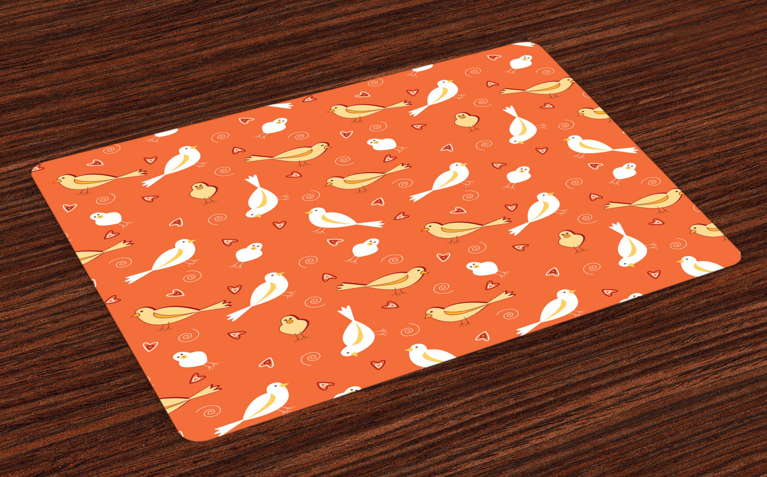 Orange Placemats Set of 4 Birds with Heart Shapes Swirling Patterns on