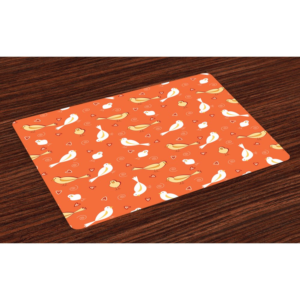 Orange Placemats Set of 4 Birds with Heart Shapes Swirling Patterns on