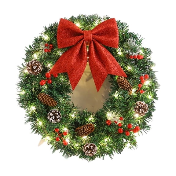 Christmas Wreath with LED Lights for Front Door, 15.75in Artificial Decorative Wreath with Red Bow & Pinecone Berry, Farmhouse Hanging Decor for Winter Indoor Outdoor Window Walls Akmoler