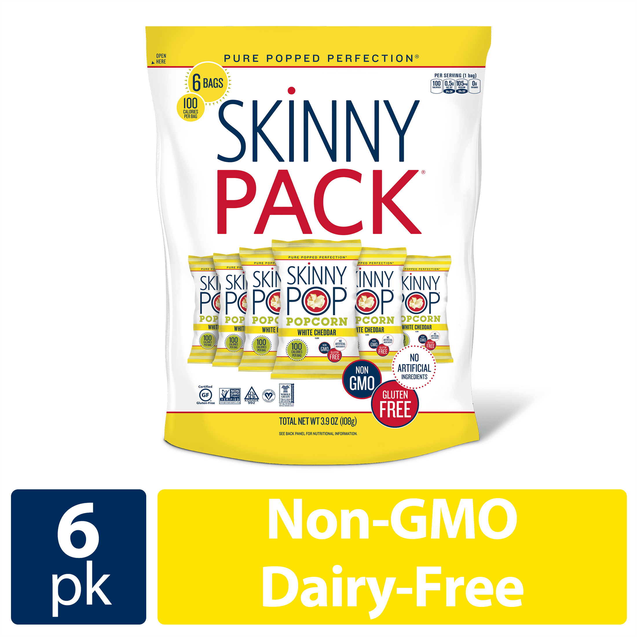 SkinnyPop Gluten-Free White Cheddar Popcorn Skinny Pack, 0.65 oz, 6 Count
