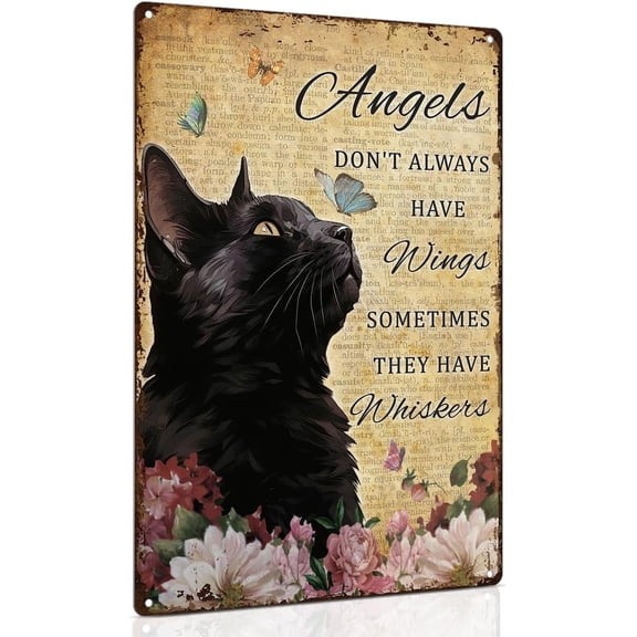 Black Cat Memorial Gifts Vintage Home Wall Decor 8x12 Inch - Angels Don't Always Have Wings Sometimes They Have Whiskers Metal Sign
