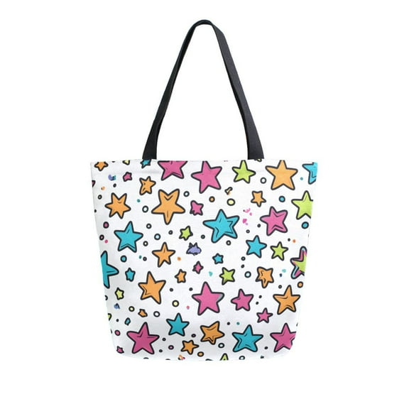 FORMRS Womens Canvas Tote Bag with Zipper Inner Pocket Shoulder Handbag, White Stars