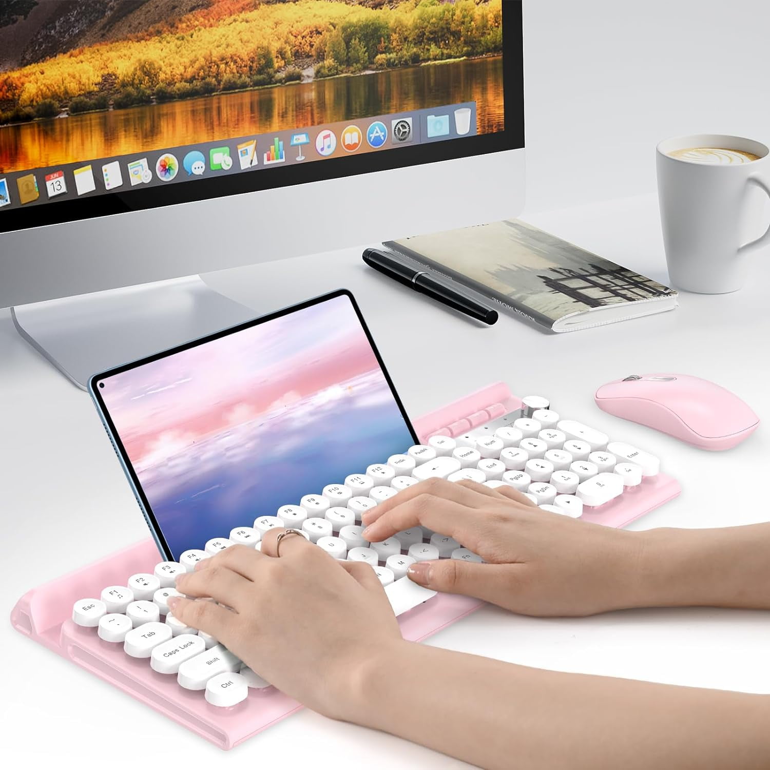 Wireless Keyboard and Mouse Combo, RaceGT Silent Keyboard Mouse Set, Retro Cute Typewriter Keyboard with Phone Tablet Holder, Round Keycaps, 2.4G Mouse Compatible with PC/Laptop/Computer(Pink)