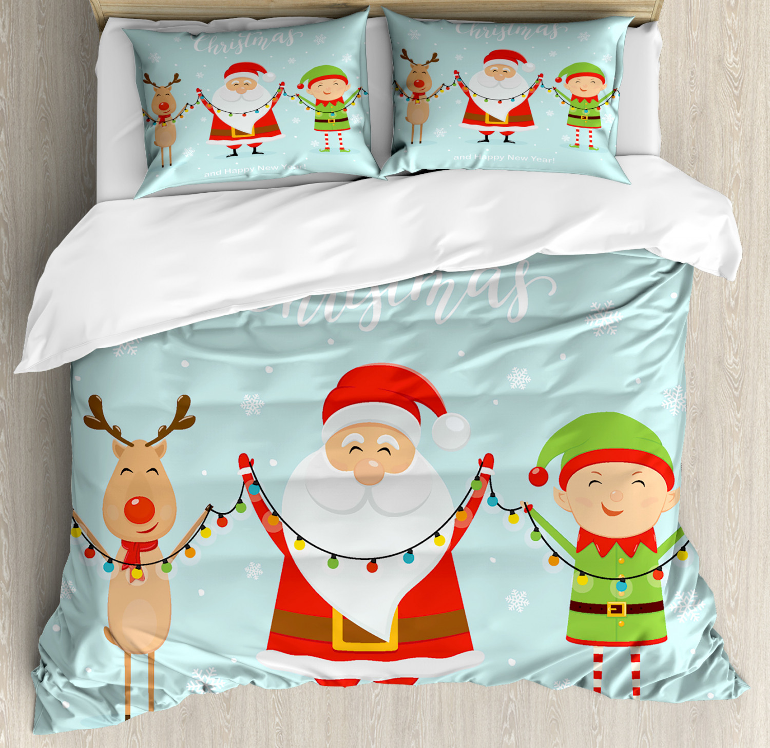 Elf Duvet Cover Set, Santa with Little Reindeer and a Boy Holding