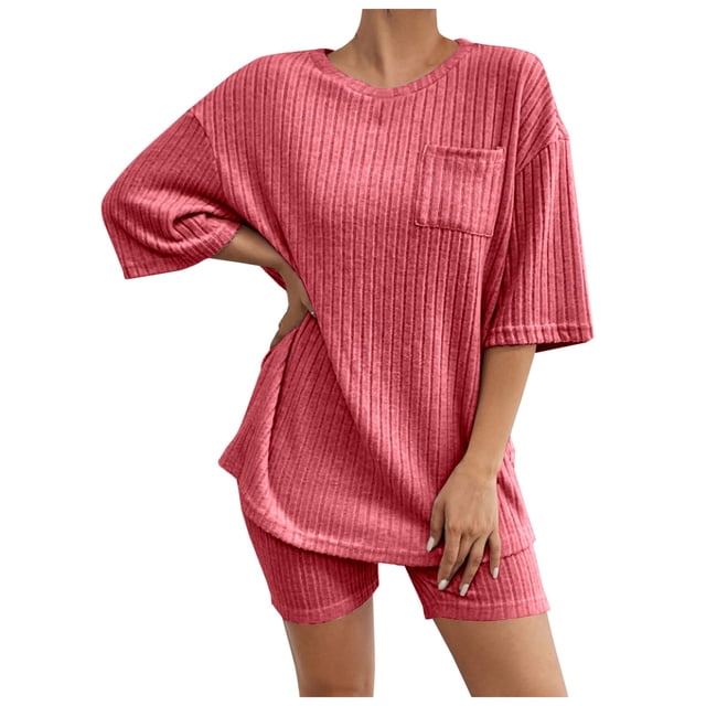 Women's 2 Piece Ribbed Loungewear Set - Short Sleeve Top & Shorts, Polyester Spandex, with Pockets, Casual