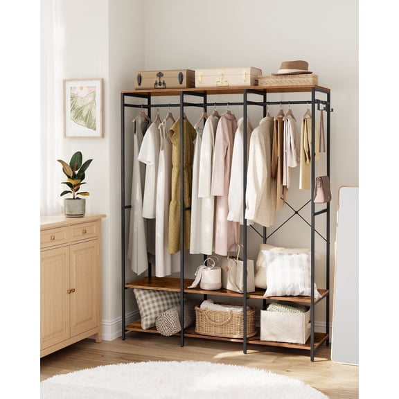 Clothes Rack Wardrobe Closet Organizer Heavy Duty Garment Rack with Hanging Rods Closet Shelves Removable Hooks Rustic Brown