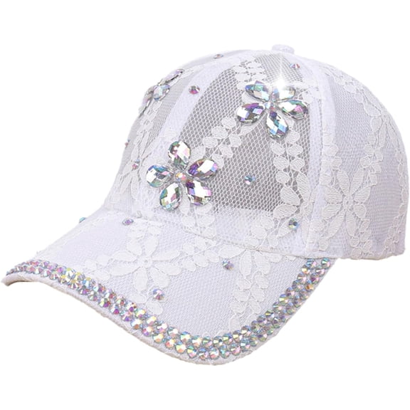 CoCoMangos Women Lace Baseball Cap Bling Rhinestone Pearl Floral Summer Breathable Mesh Sun Hat Adjustable Outdoor
