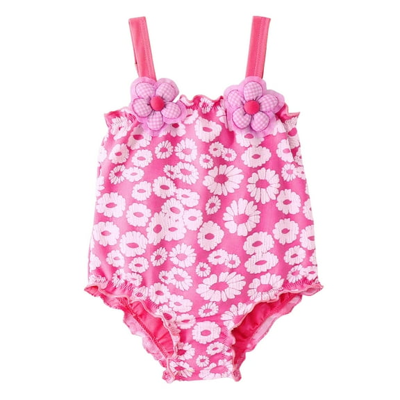 TOWED22 Girls Swimsuit One Piece Swimsuits Ruffle Solid Color Ruched Bathing Suit Adjustable Straps Swimwear(Hot Pink,6-12 Months)