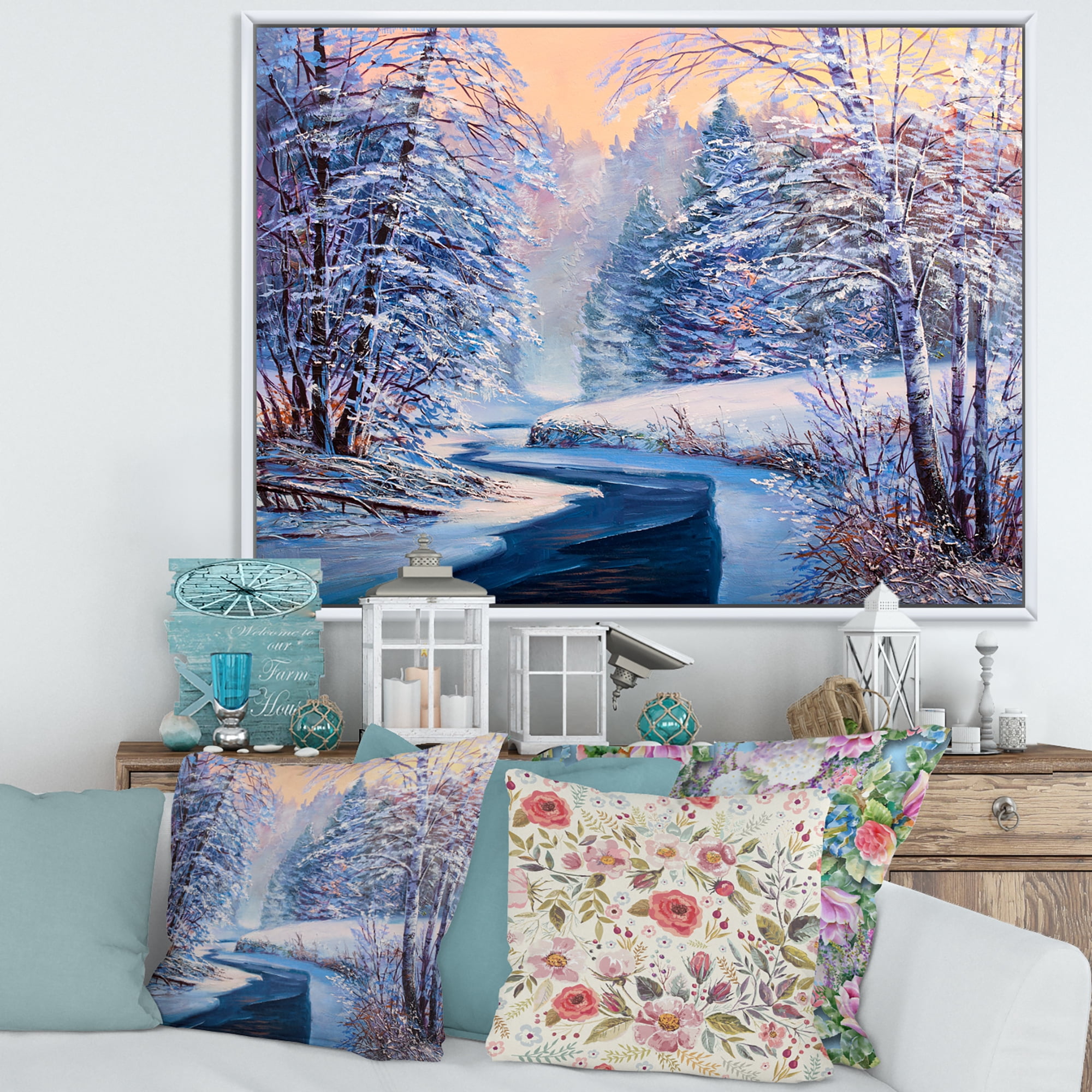 Designart 'Pastel Winter Forest With River' Lake House Framed Canvas Wall Art Print