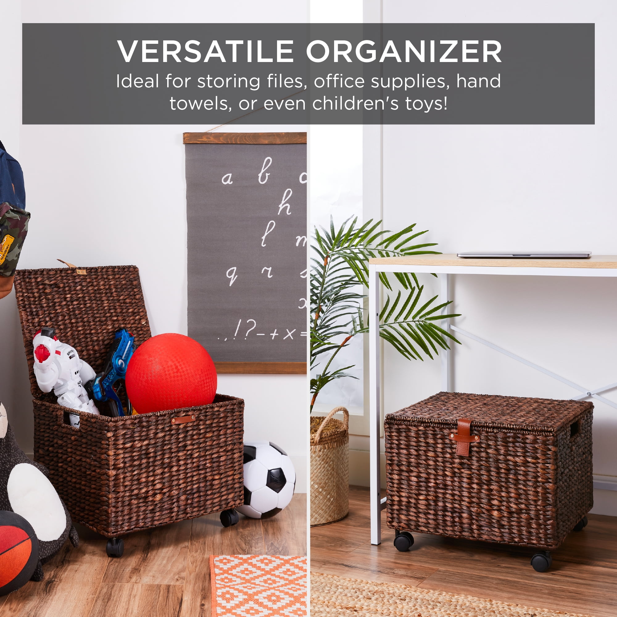 Best Choice Products Hyacinth Rolling Filing Cabinet Mobile Organizer Storage Basket w/ Lid, Locking Wheels - Brown