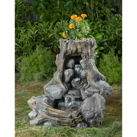 Wood and Rock Fountain with Flower Pot