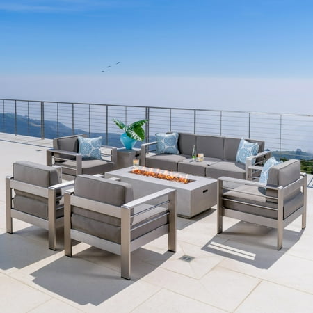 8 Seater Metal Garden Furniture Sets Miller Outdoor 4 Piece Set of Club Chairs with a 3 Seater Loveseat and Light Grey Firepit, Khaki ()