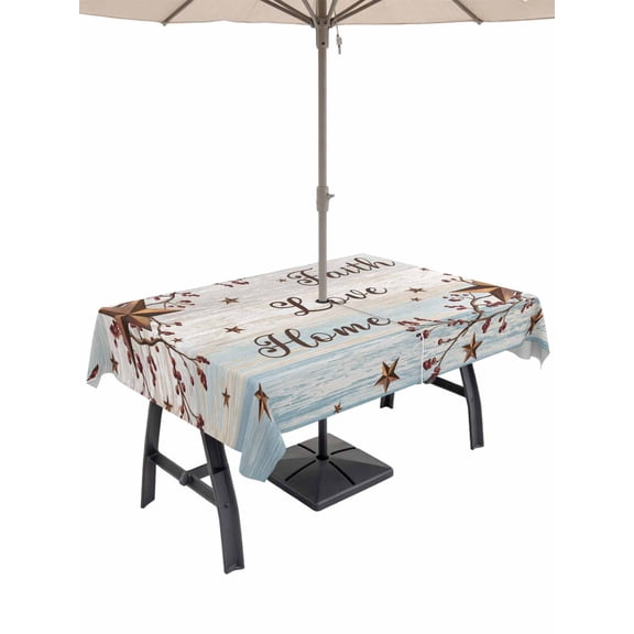 Outdoor Tablecloths with Umbrella Hole & Zipper, Country Star Brown Tablecloth Rectangle 60x84 Inch, Vintage Rustic Texas Stars Wooden Waterproof Table Cloth, Patio/Pool/Picnic Table Covers