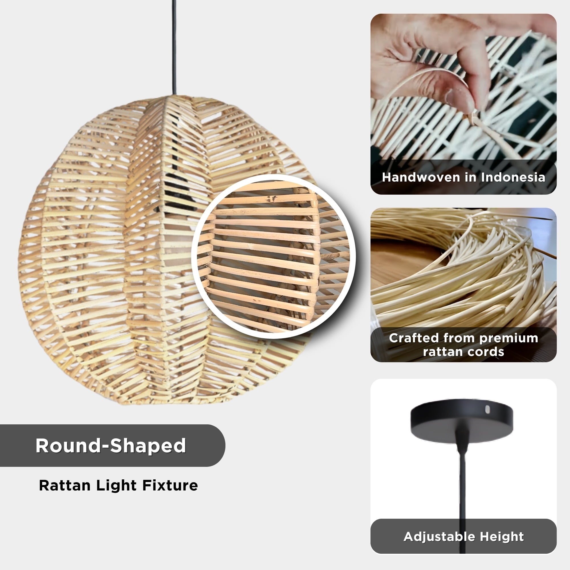 FOREVER BAMBOO Indonesian Hand-Woven Natural Rattan Pendant Light Fixture Circle Shape Woven Wicker Lampshade Chandelier Interior Decor, 15 in H x 15 in W
