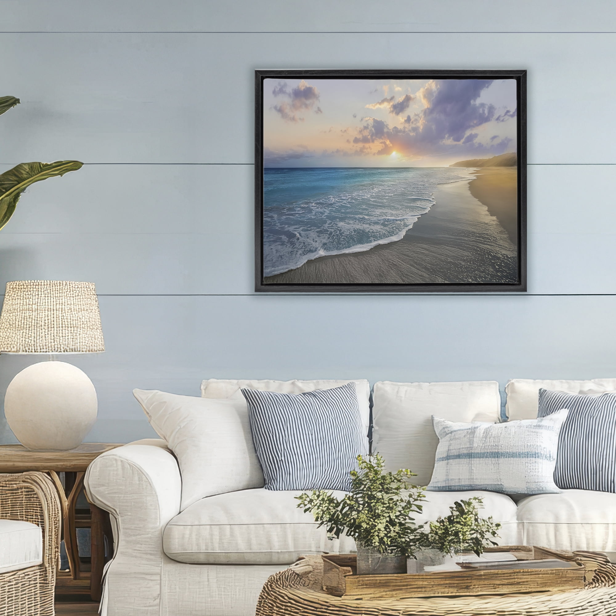 Stupell Industries Sunset over Tranquil Coast Black Framed Floater Canvas Wall Art, design by Mike Calascibetta