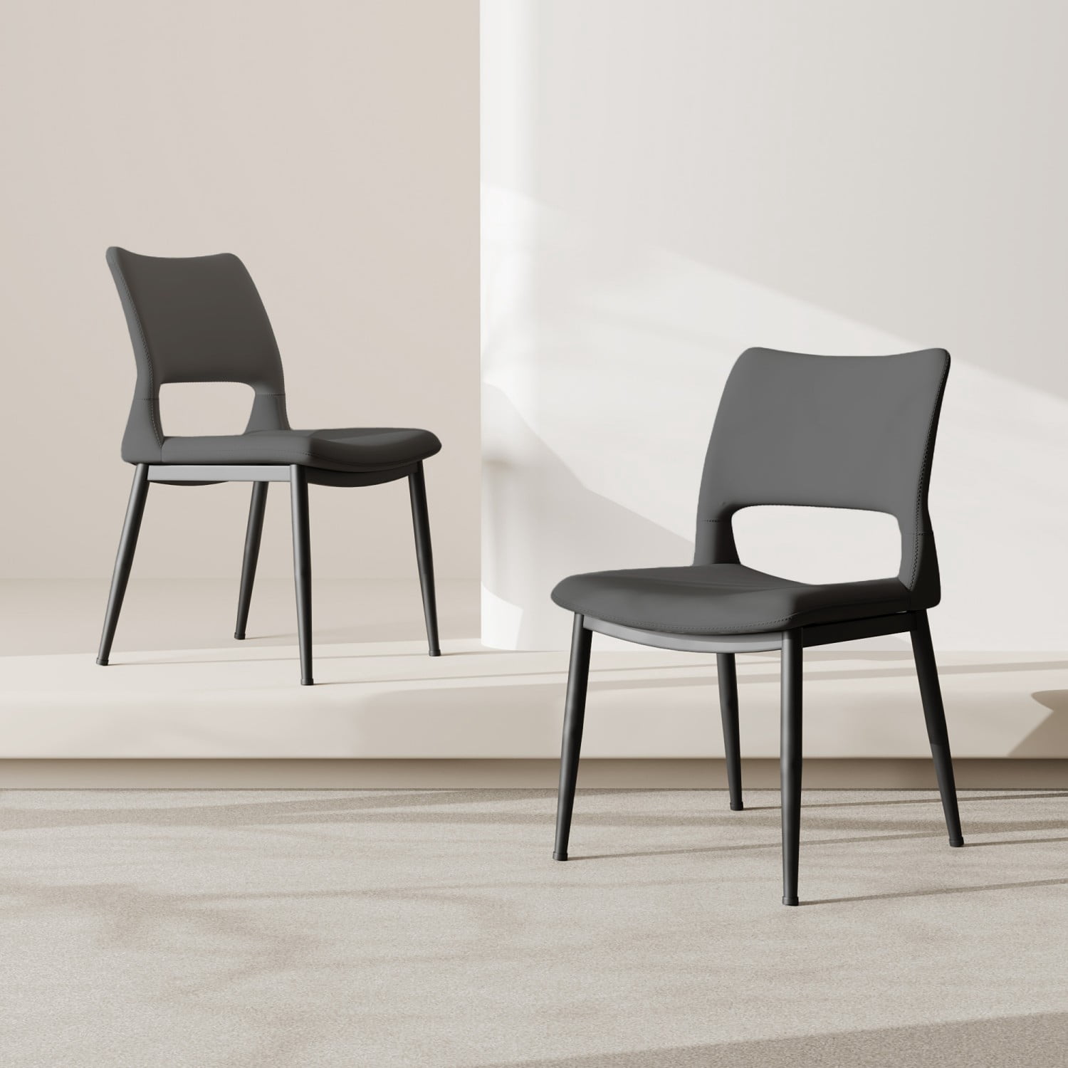 Modern Minimalist Grey PU Leather Dining Chairs Set of 2 Upholstered Kitchen Chairs with Metal Legs Ergonomic Backrest for Dining Room Restaurant Office