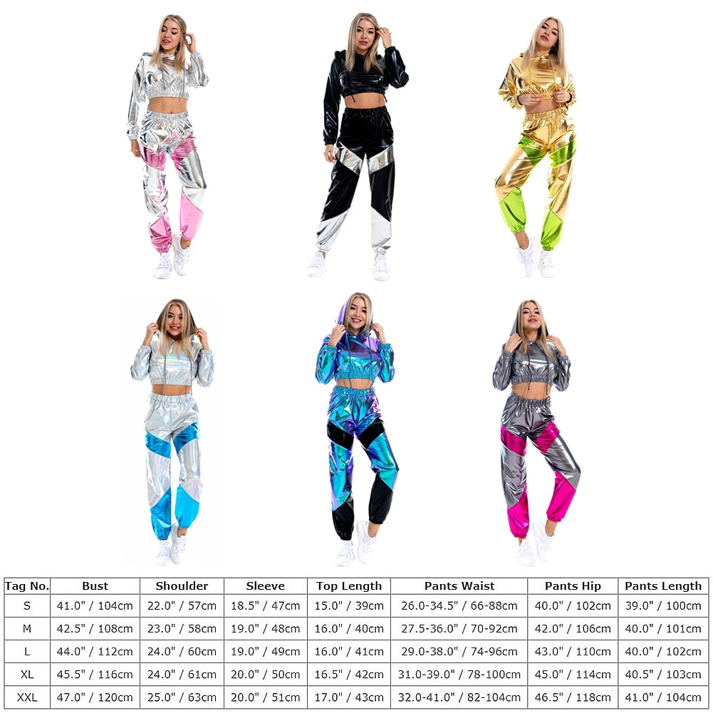 IBTOM CASTLE Women's Rave Outfit Shiny Crop Top Hoodie Casual Long Pants Hooded Workout Sweatshirt Dance Clubwear XL Holographic Blue